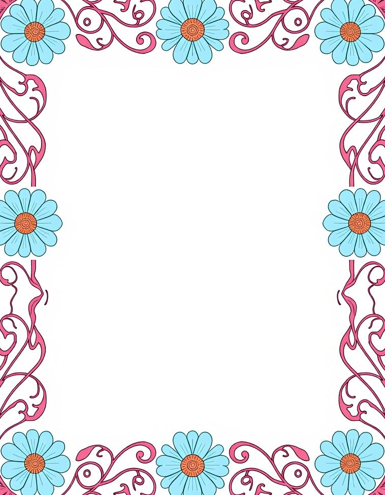 Floral Swirl Blue Pink Border Rug