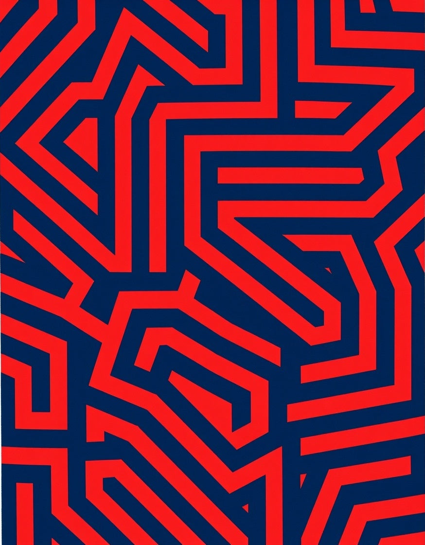 Red Blue Geometric Maze Pattern Rug