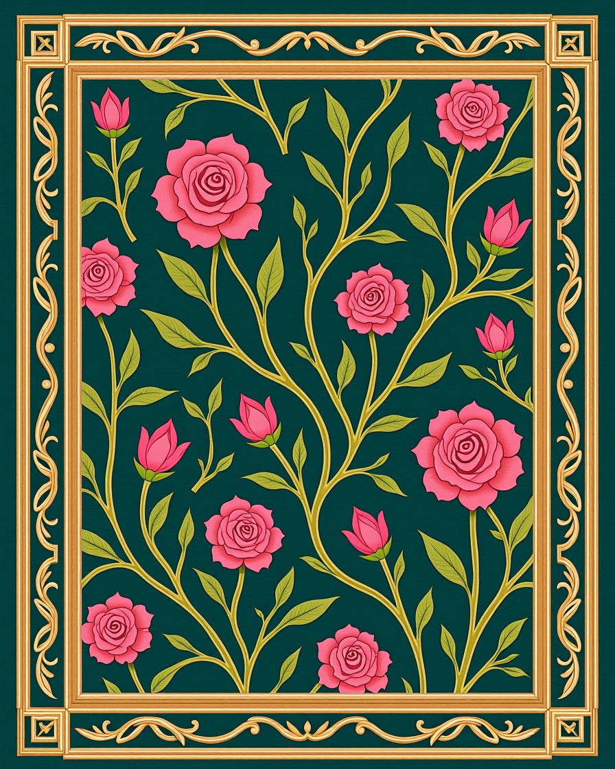 Pink Roses Golden Border Floral Rug