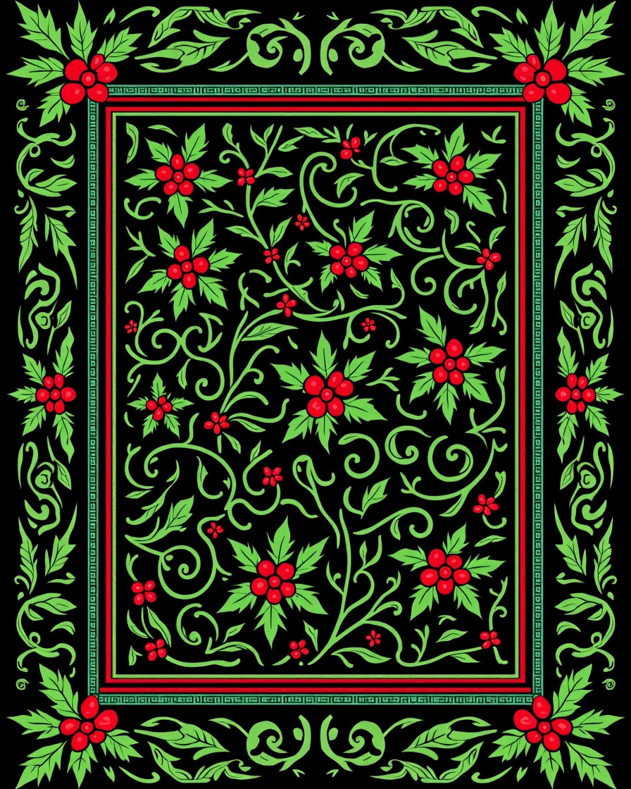 Crimson Berries Green Holly Scrollwork Rug