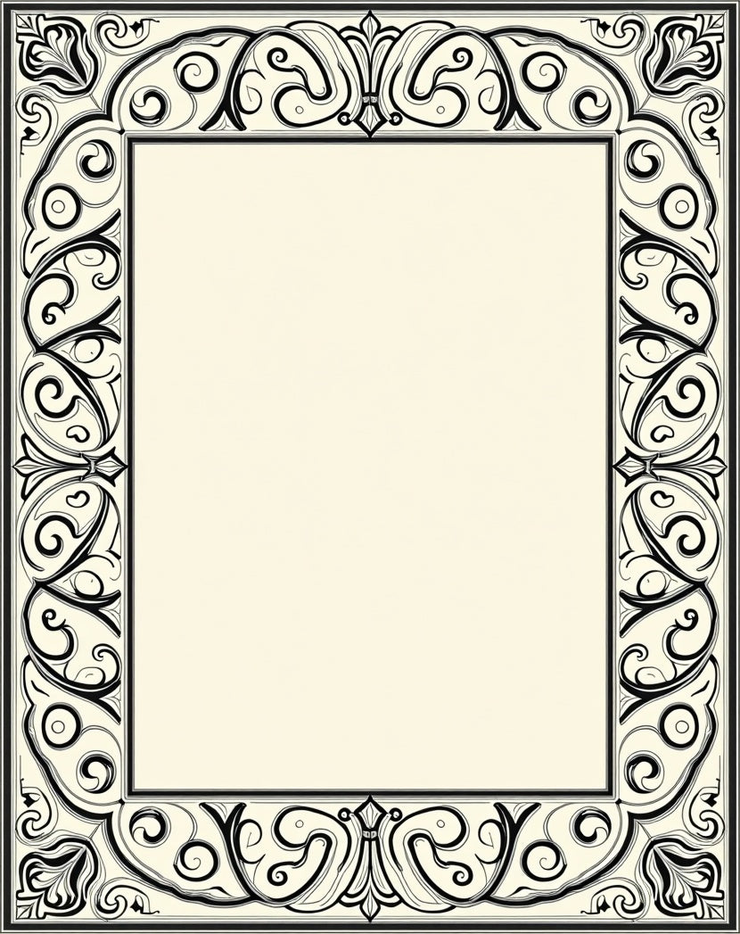 Ornate Black White Swirl Floral Frame Design Rug