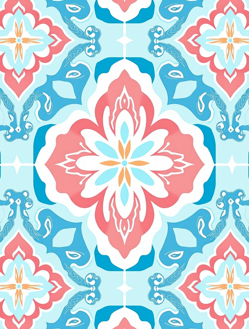 Coral Blue Floral Medallion Pattern Rug