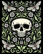 Skull and Butterflies Black Floral Rug