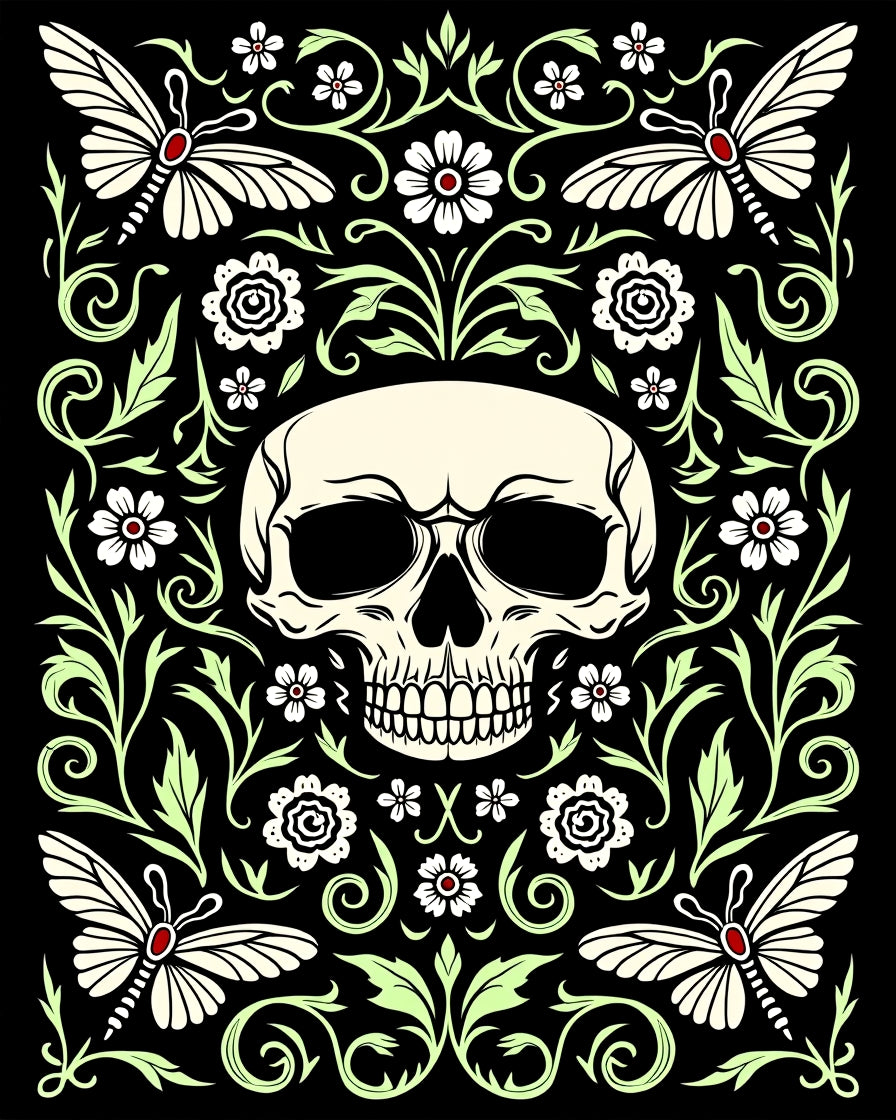 Skull and Butterflies Black Floral Rug