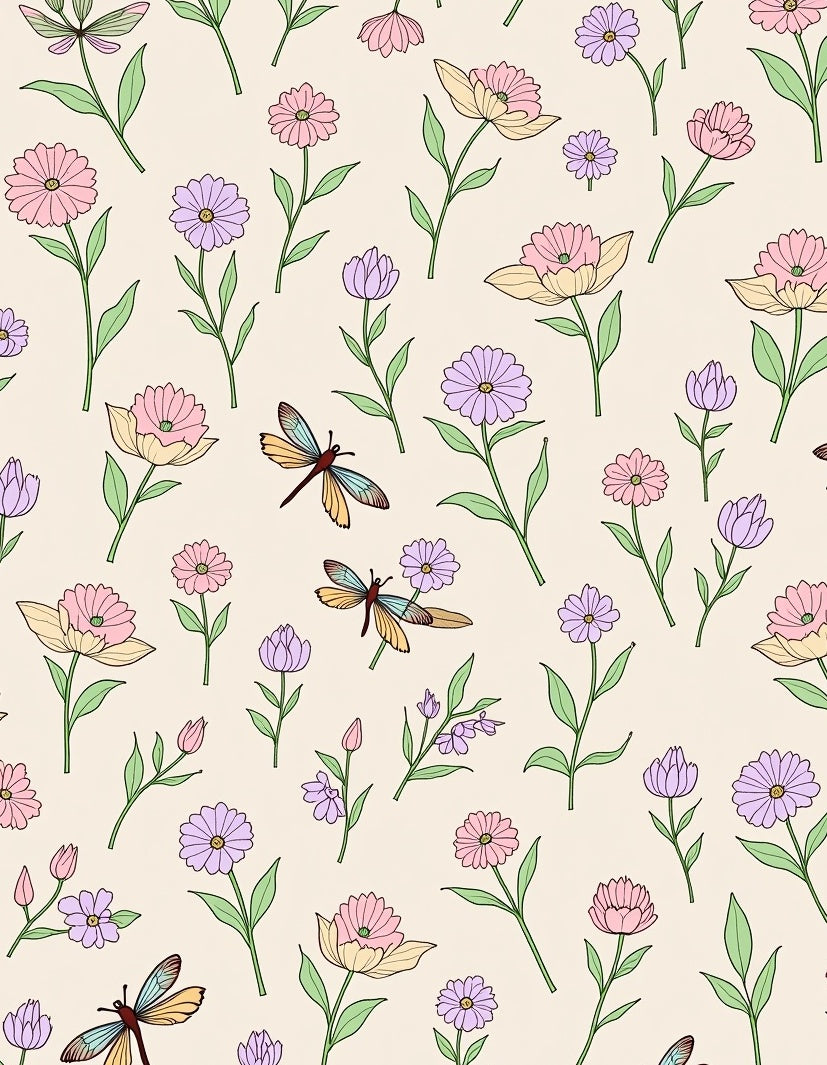 Pastel Floral Dragonfly Garden Pattern Rug