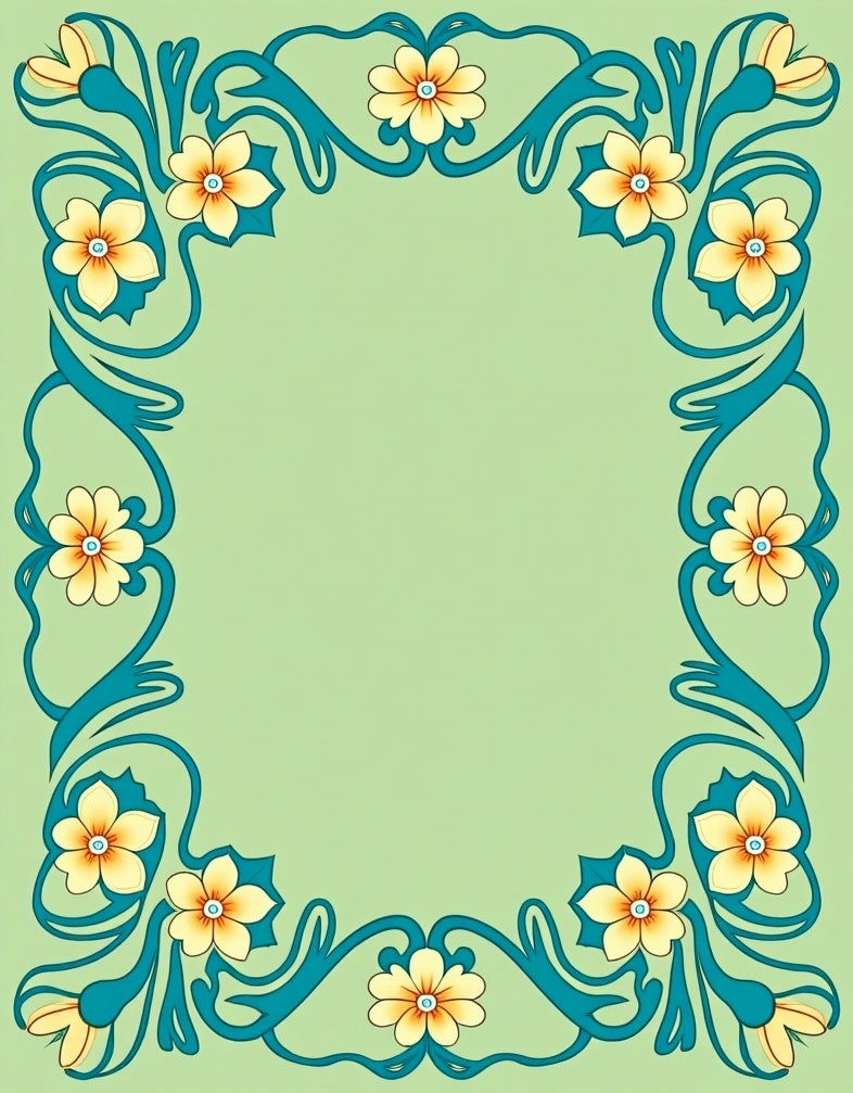 Floral Art Nouveau Teal Border Rug