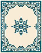 Ornate Teal Floral Border Design Rug