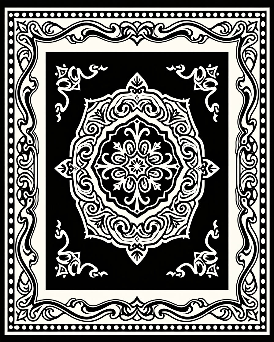 Classic Black White Floral Medallion Rug