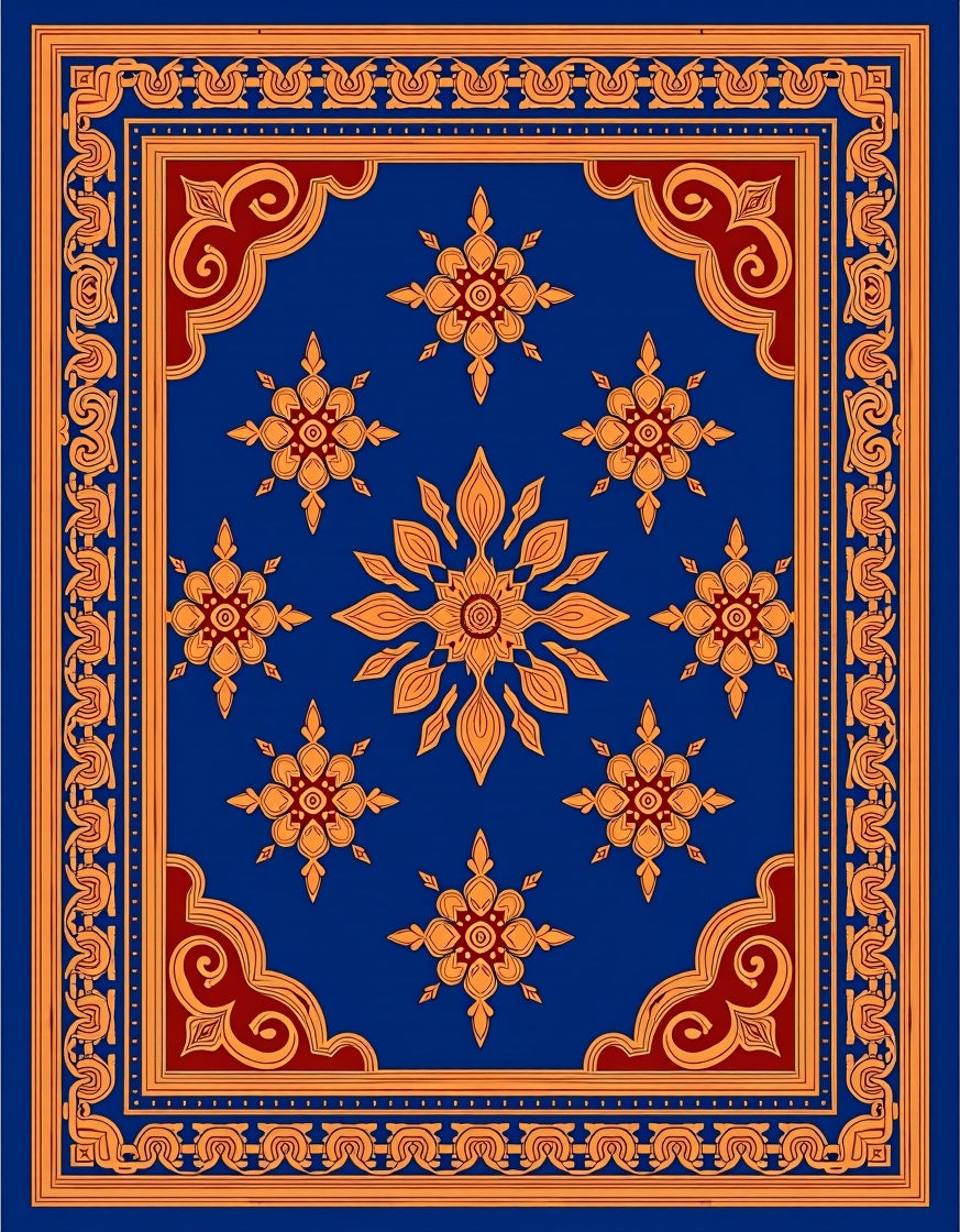 Royal Blue Orange Floral Medallion Border Rug