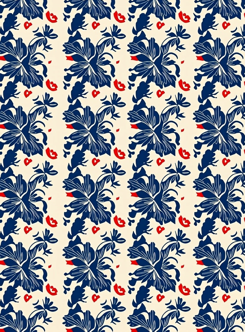 Navy Red Floral Patterned Rug