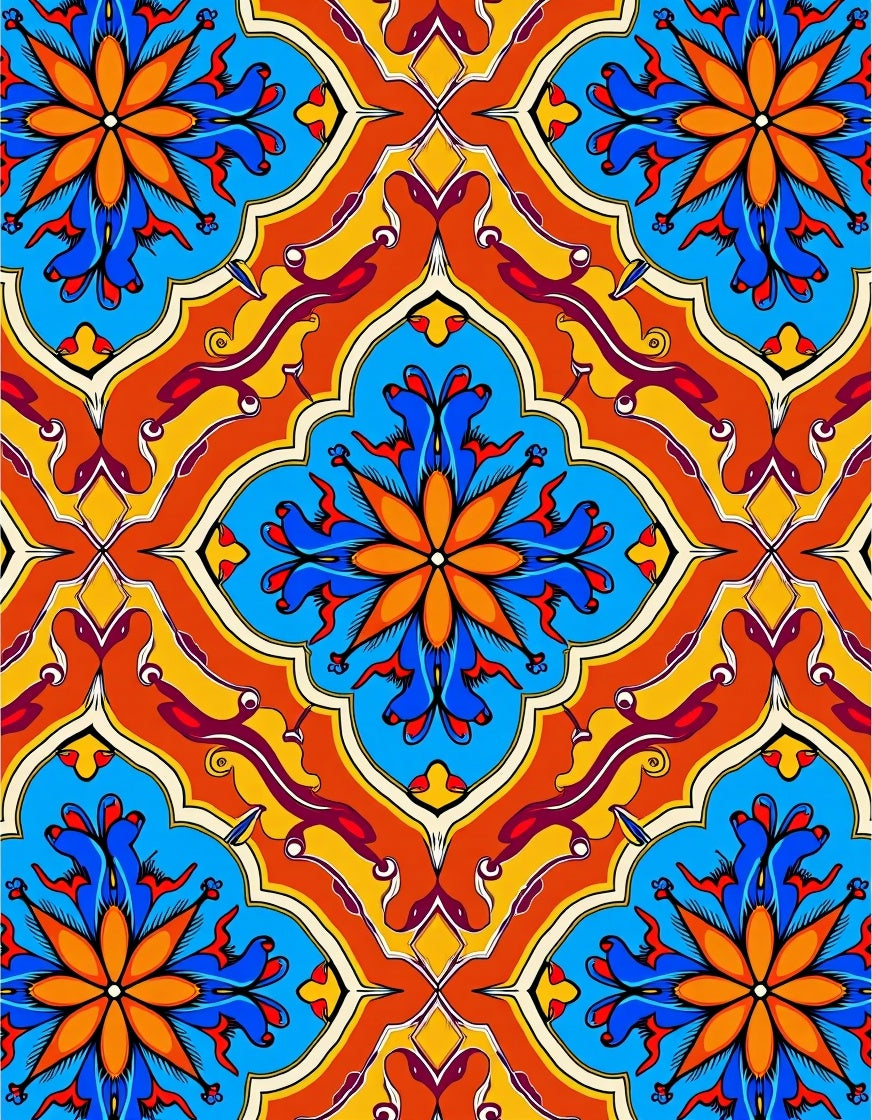 Vibrant Blue Orange Floral Pattern Rug