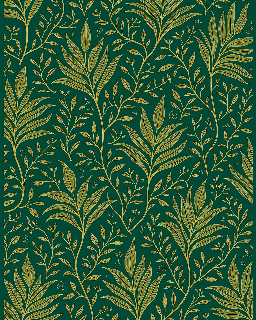Emerald Green Golden Leaf Pattern Rug