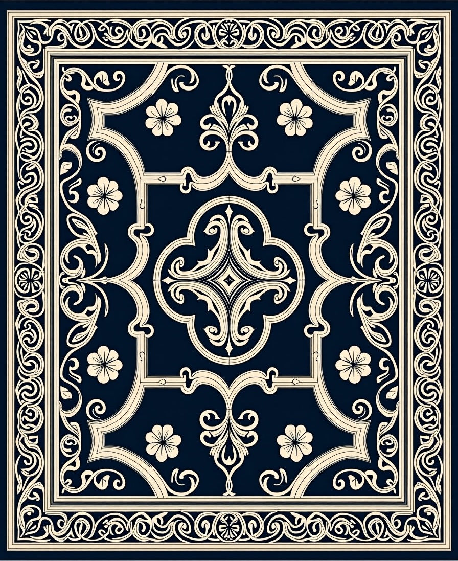 Intricate Floral Scrollwork Navy Rug