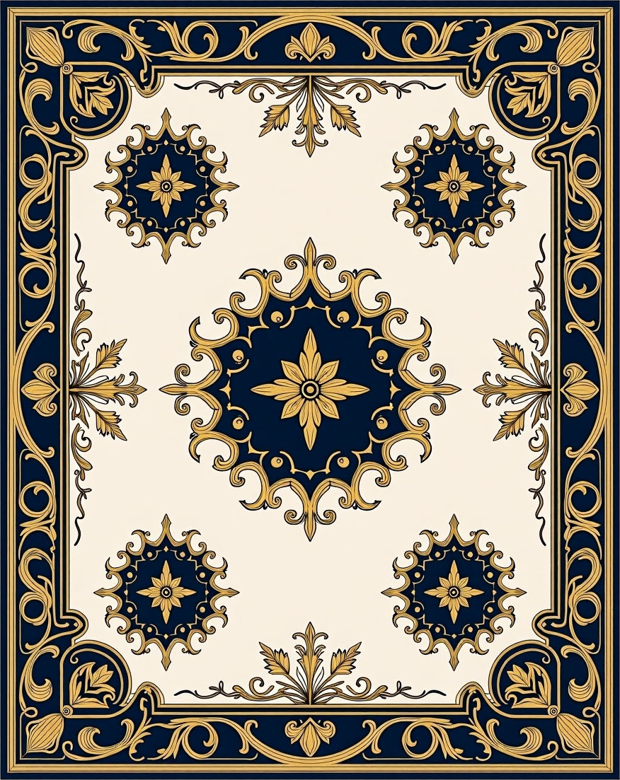 Elegant Navy Gold Floral Motif Rug
