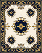 Elegant Navy Gold Floral Motif Rug