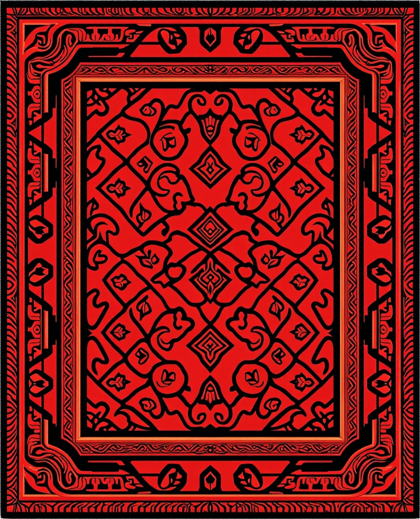 Traditional Red Black Intricate Pattern Rug