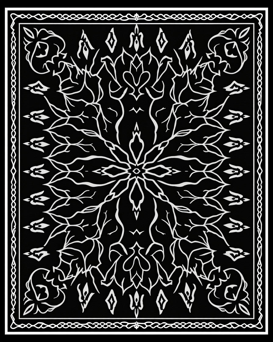 Ornate Black White Floral Vine Rug