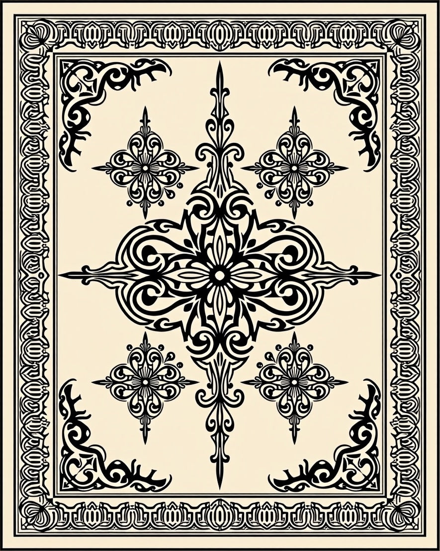 Elegant Black Floral Symmetry Rug