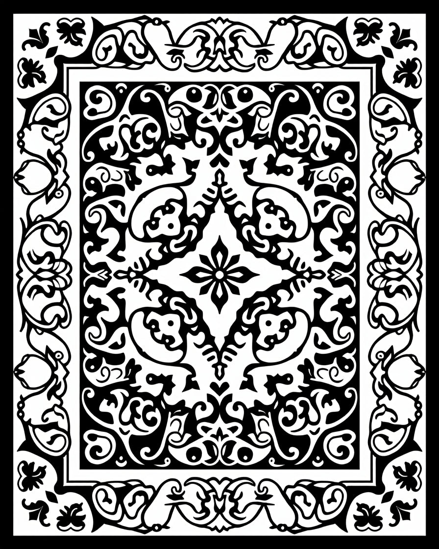 Black White Ornate Scroll Pattern Rug