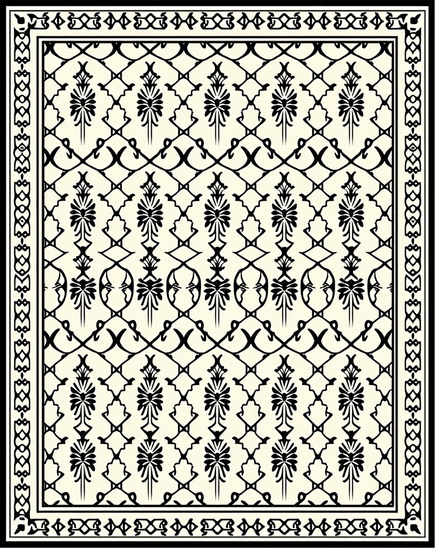 Elegant Black Floral Lattice Pattern Rug