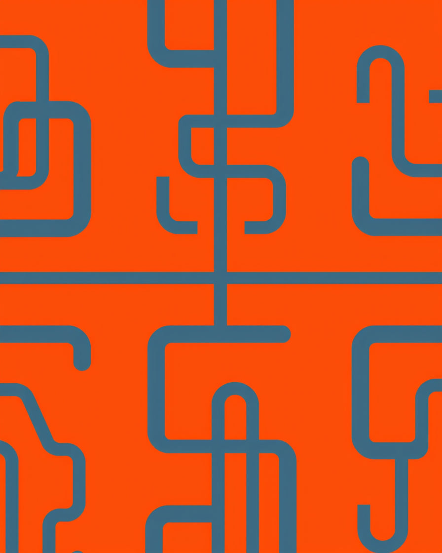 Modern Orange And Blue Abstract Maze Rug