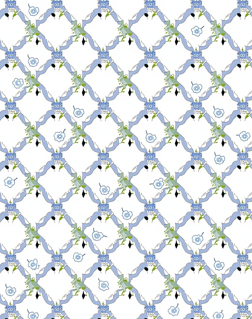 Blue Lattice Floral Pattern Rug