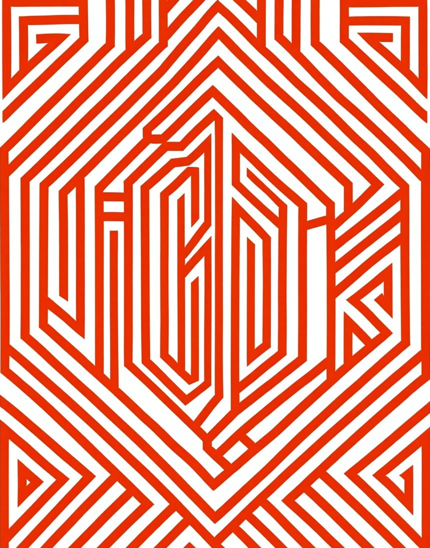 Bold Red Orange Geometric Maze Design Rug