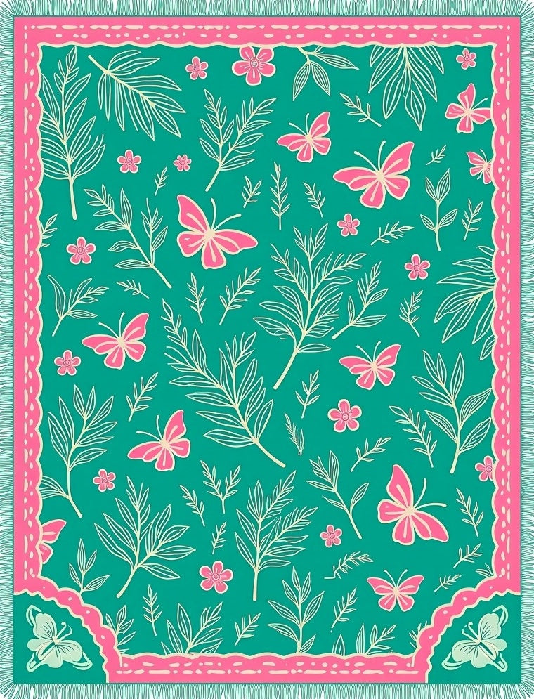 Teal Pink Butterfly Foliage Garden Rug