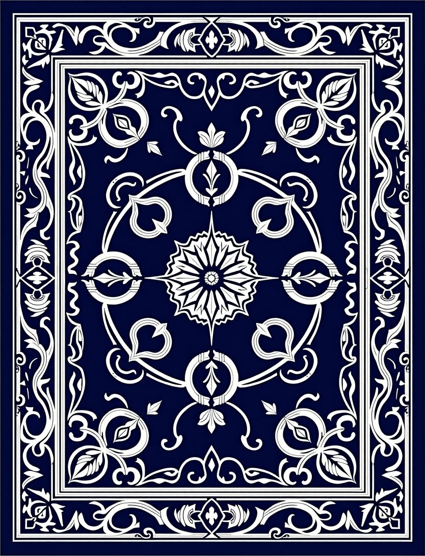 Classic Dark Blue White Floral Pattern Rug