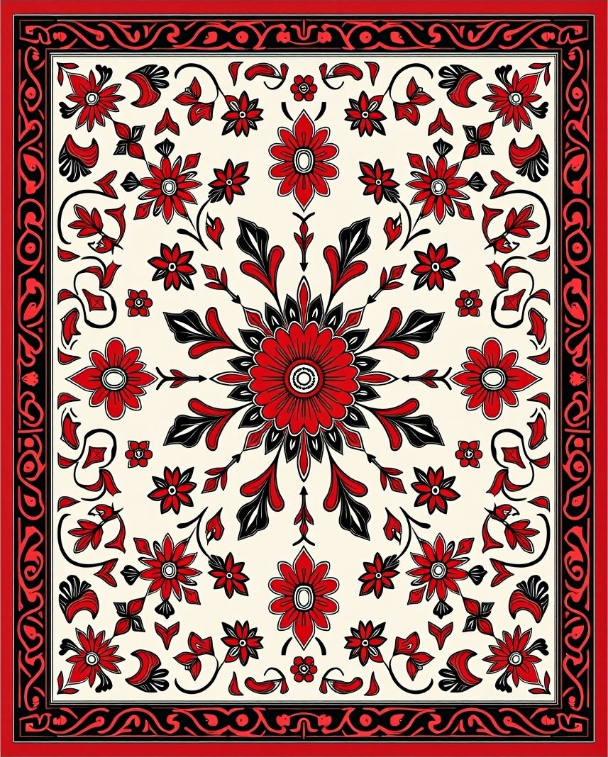 Bold Red Floral Mandala Pattern Rug