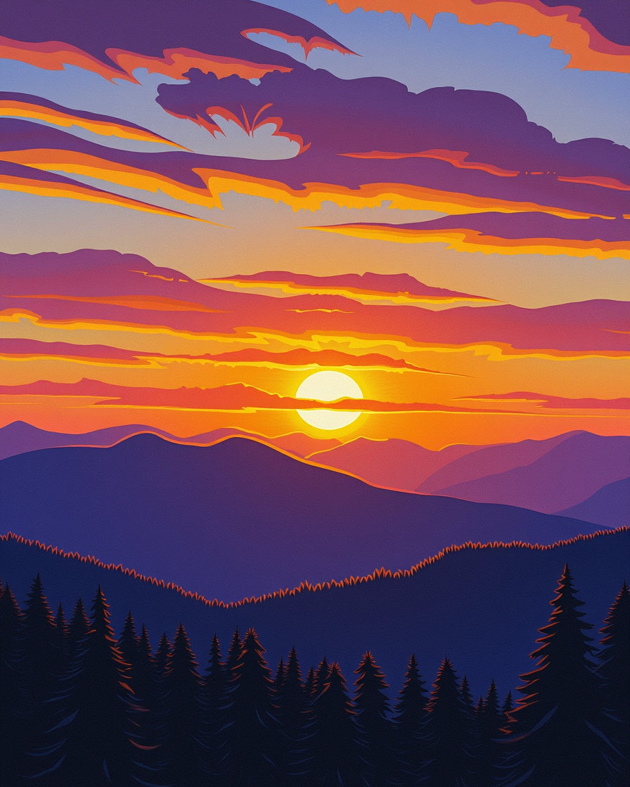 Vibrant Sunset Mountain Forest Scene Rug