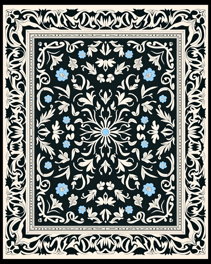 Ornate Black Cream Floral Pattern Rug
