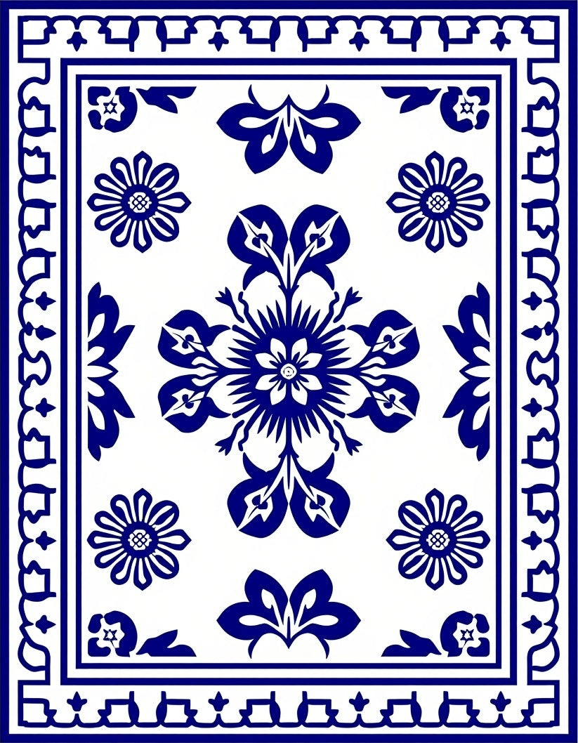 Elegant Blue Floral Motif Decor Rug