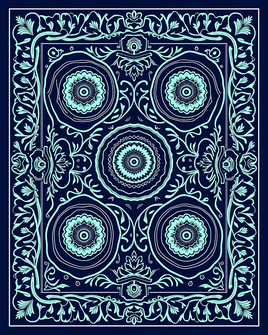 Navy Teal Floral Mandala Composition Rug