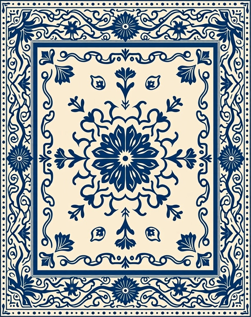 Intricate Dark Blue Floral Pattern Rug