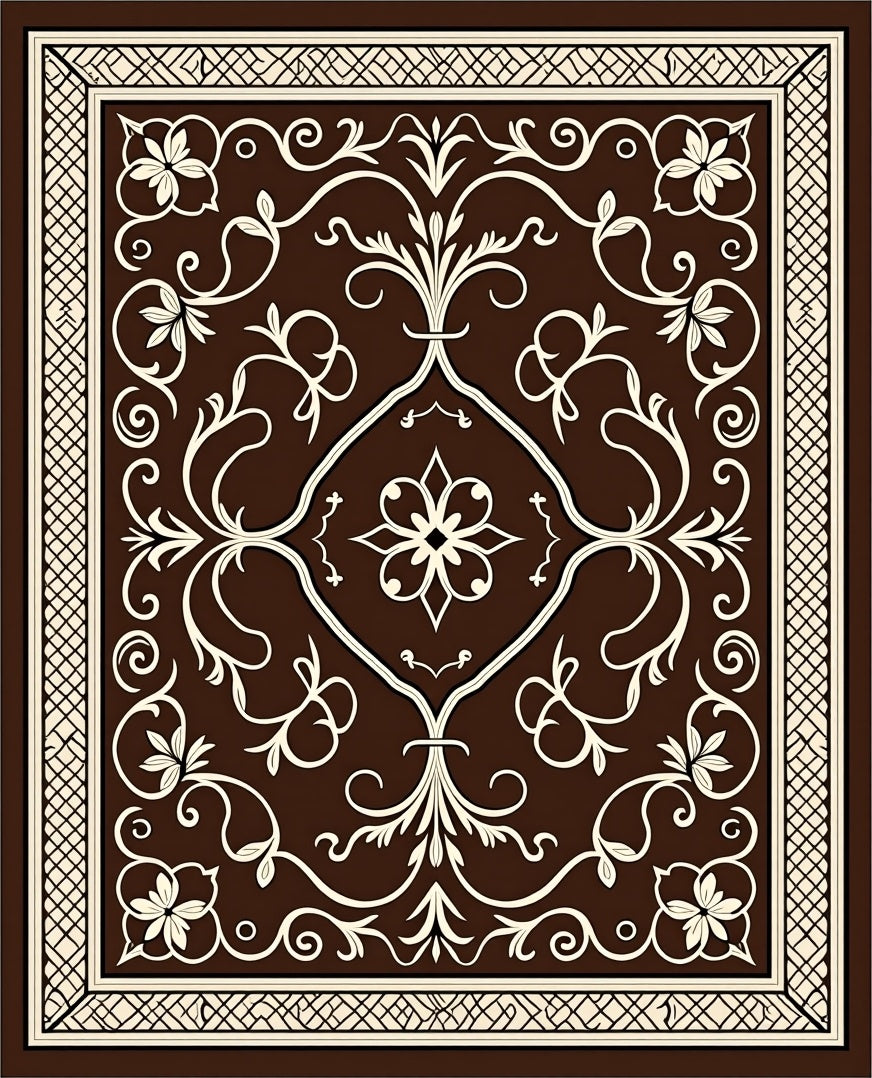 Brown Cream Floral Scroll Pattern Rug