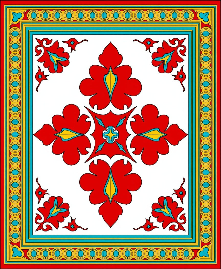Vibrant Red Floral Centerpiece Border Rug