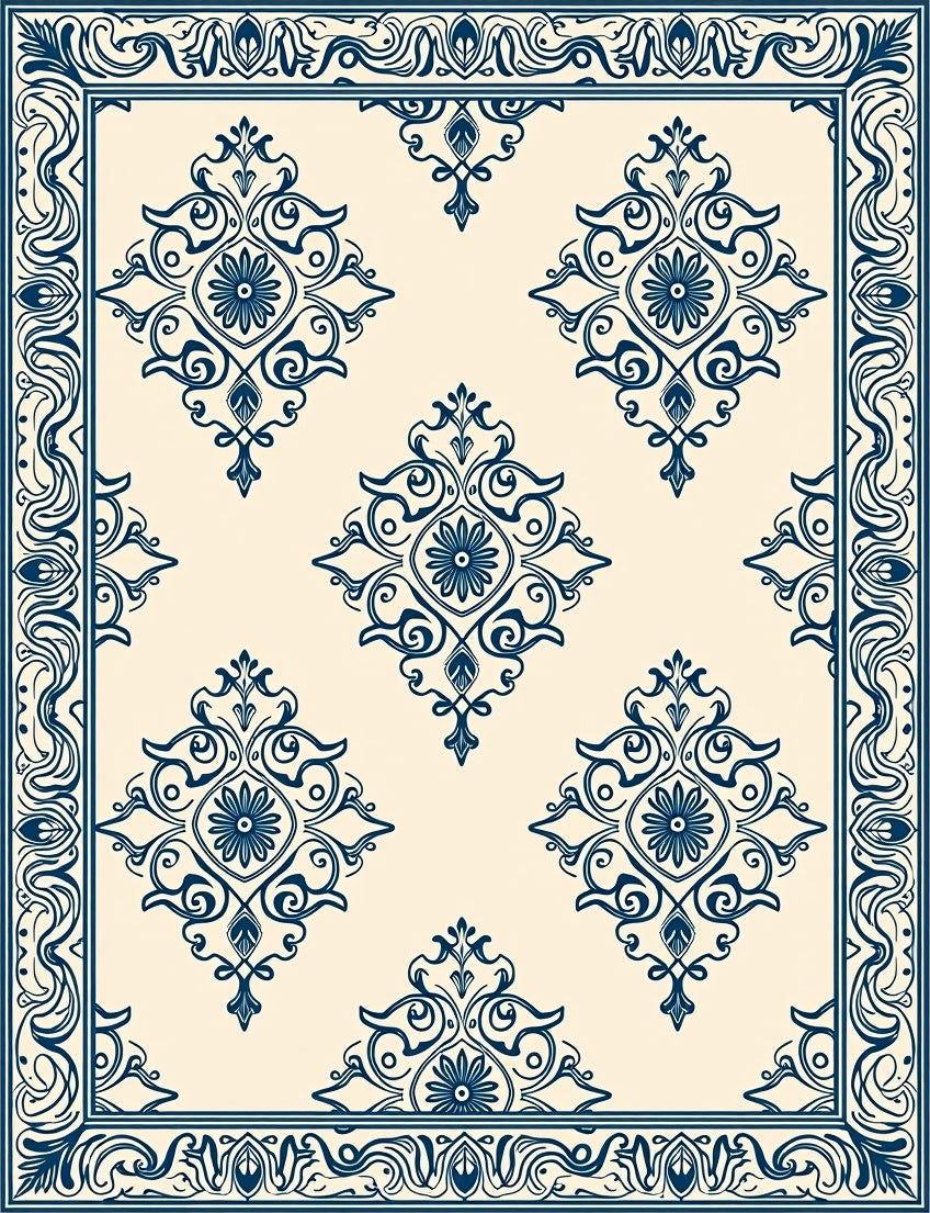 Classic Blue Floral Damask Design Rug