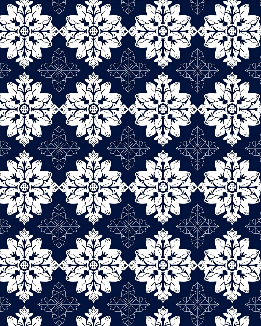 Classic Navy White Floral Pattern Rug