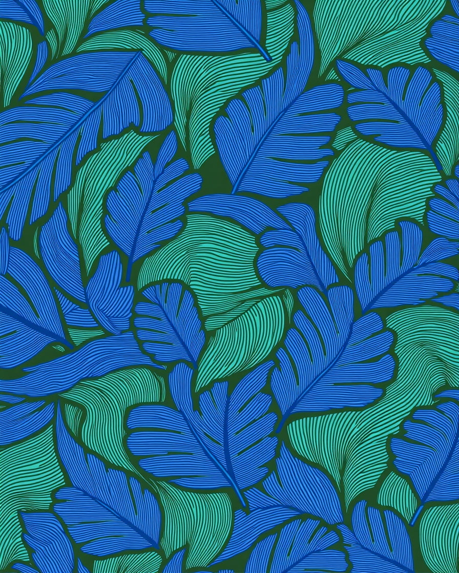 Bold Blue Green Leaf Pattern Rug