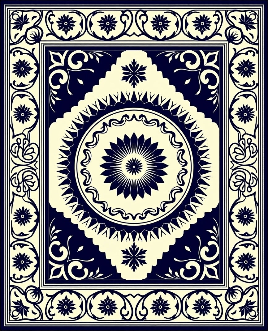 Classic Floral Medallion Ivory Navy Rug
