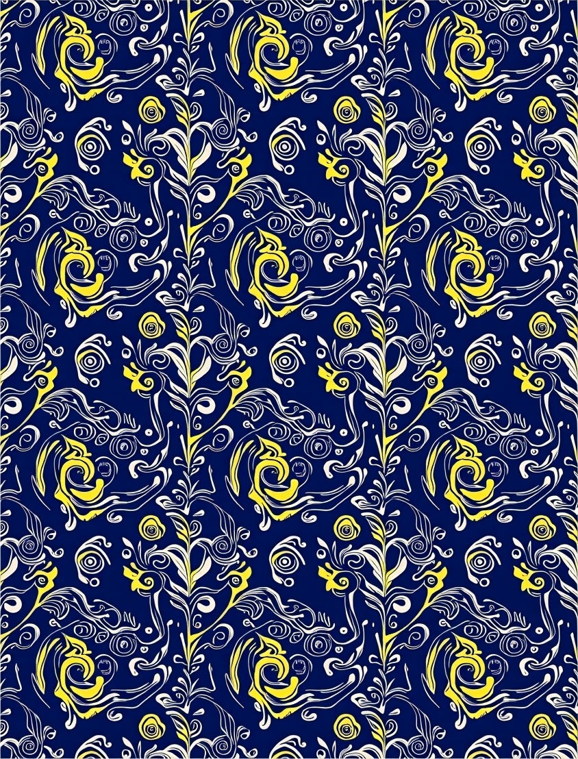 Navy Yellow Botanical Swirl Pattern Rug