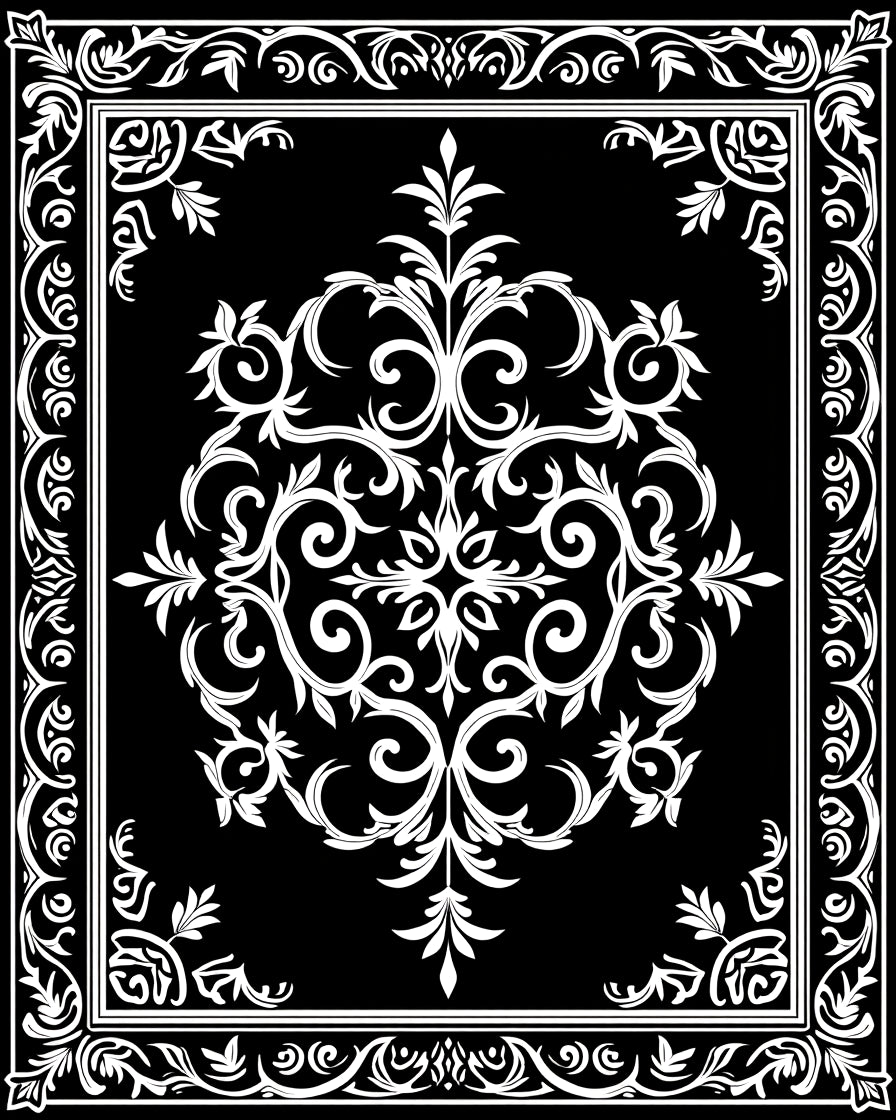 Classic Black White Floral Scrollwork Design Rug