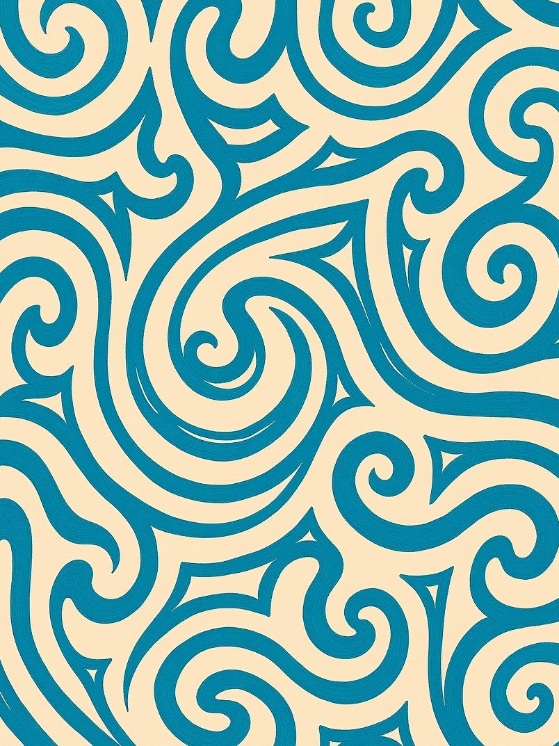 Cream and Teal Swirling Curves Rug