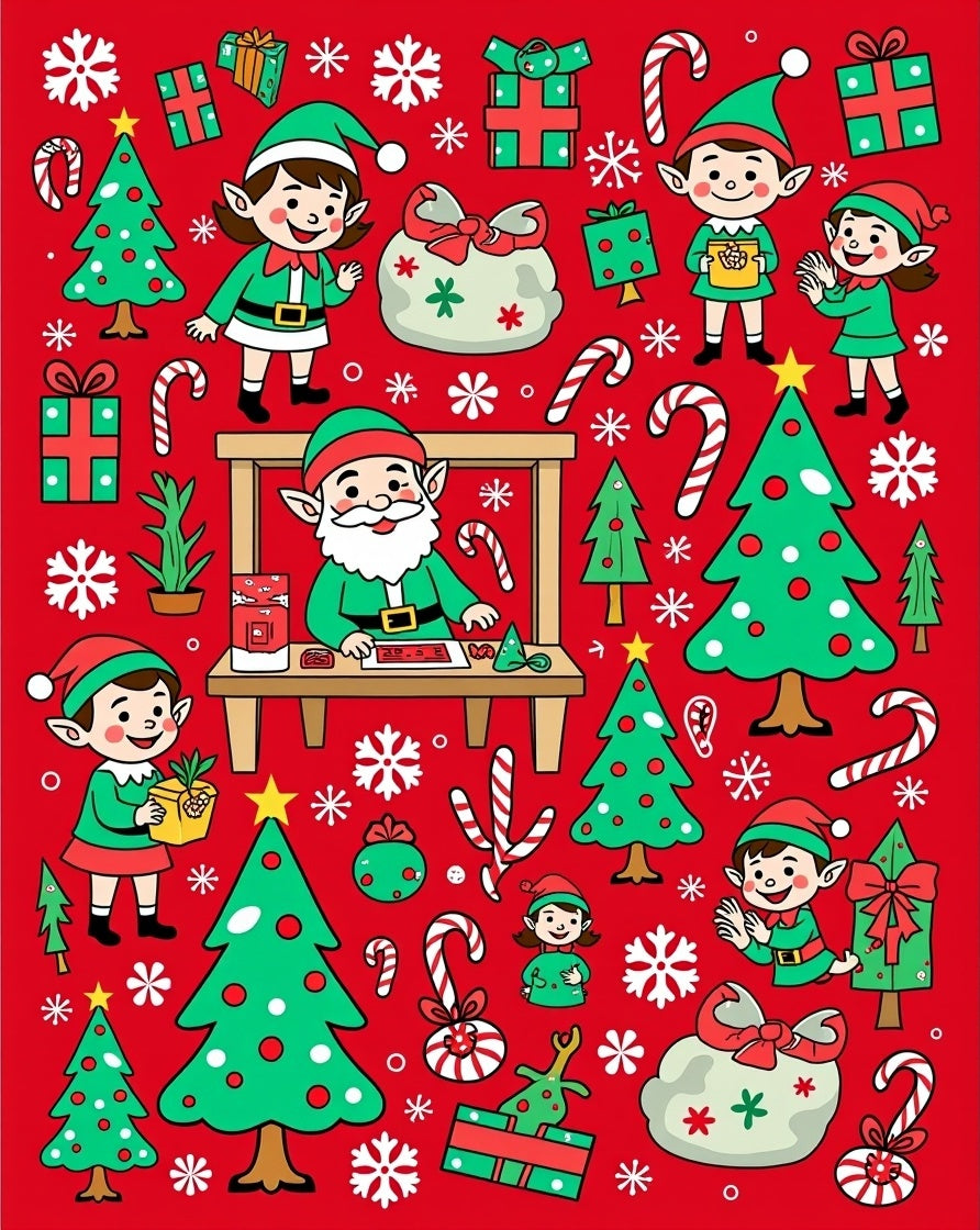 Red Christmas Elves Candy Cane Trees Rug