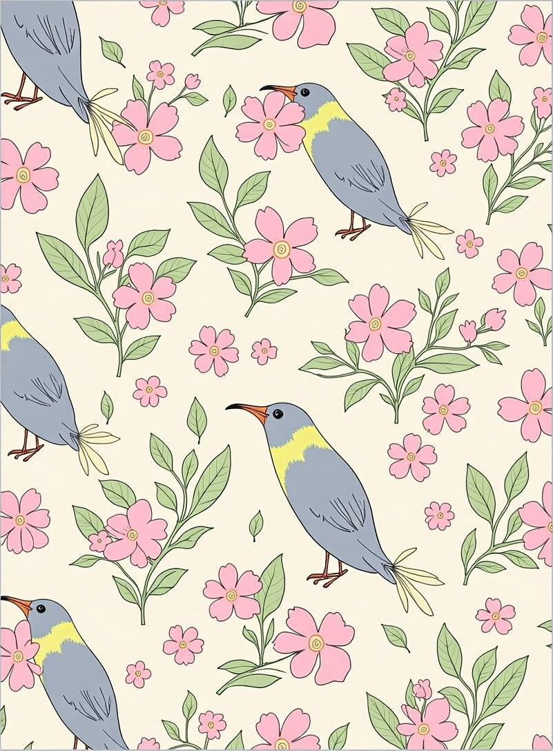 Chirping Birds and Pink Flower Pattern Rug