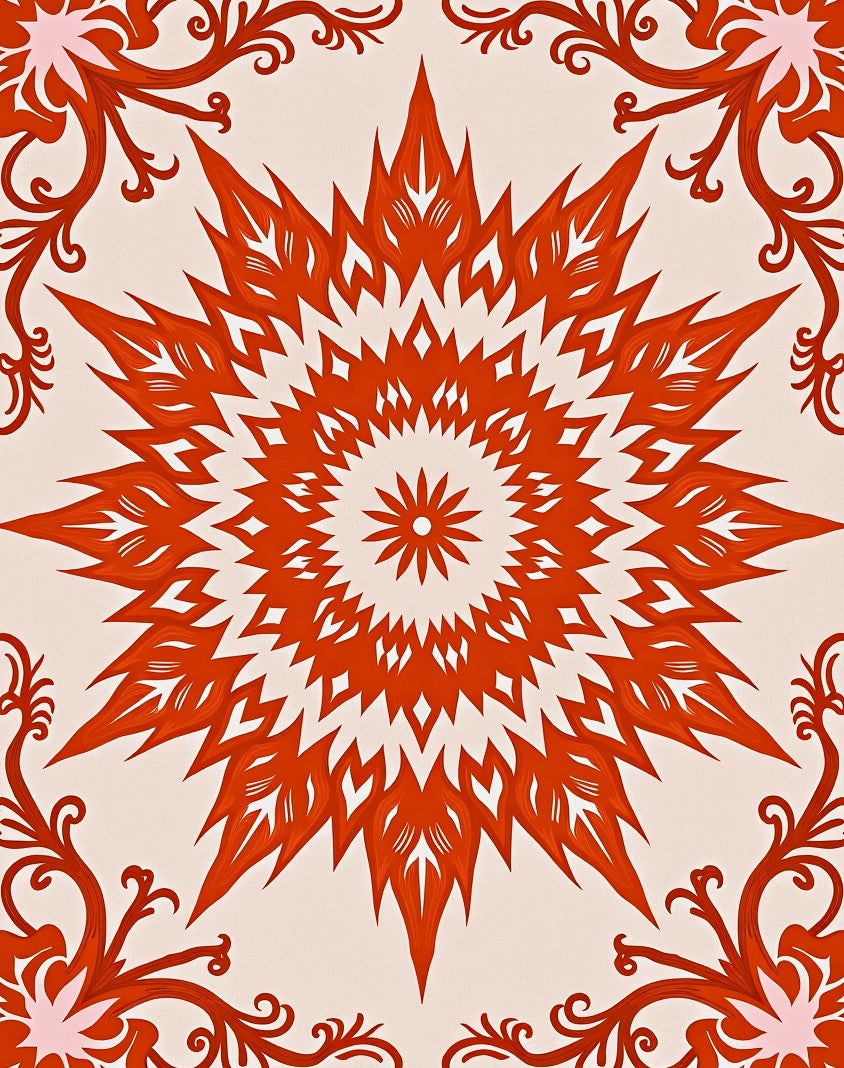 Bold Red Beige Mandala Motif Rug