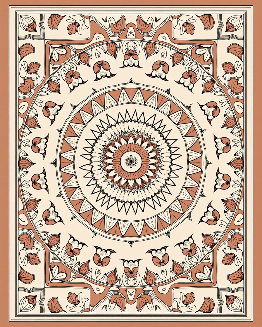 Mandala Floral Patterned Terracotta Rug