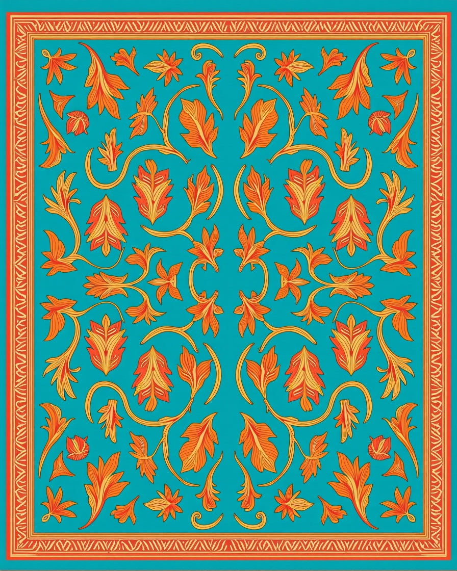 Turquoise Orange Floral Vine Design Rug