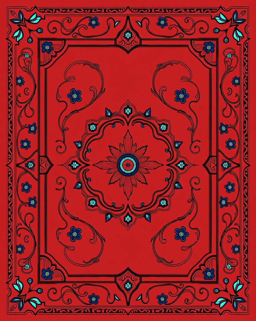 Red Floral Swirl Border Design Rug